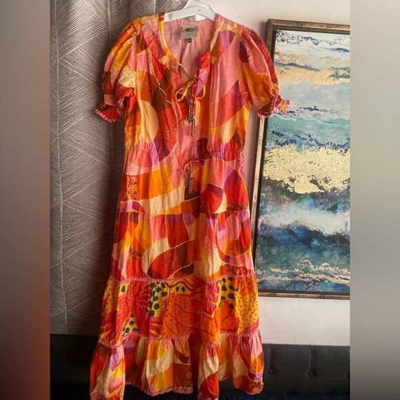 FARM RIO Patch Twirl Midi Dress Puff Sleeve Sz M Multicolor Drawstring Tie Neck - Picture 3 of 15